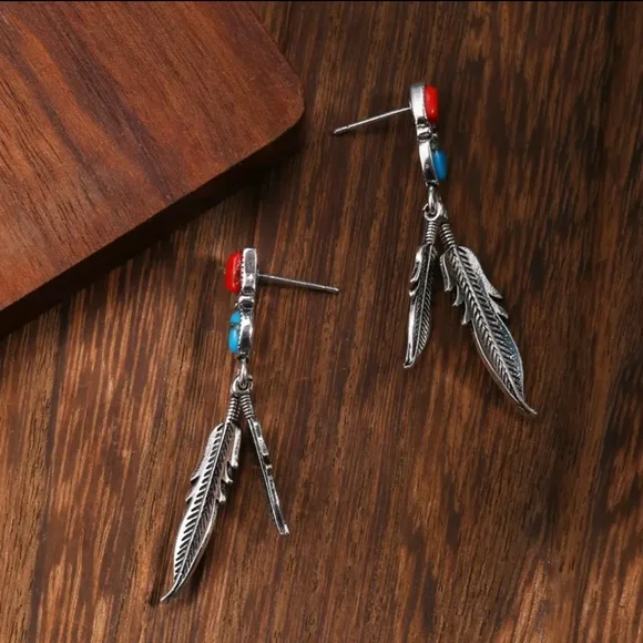 Antiqued Silver Long Feather Tassel Drop Earrings Colorful Torquoise Coral - Picture 2 of 5